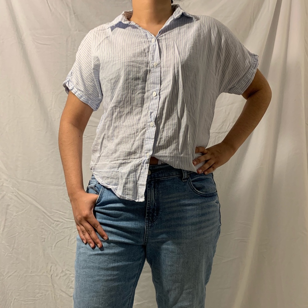 cropped button down with blue and white pinstripes